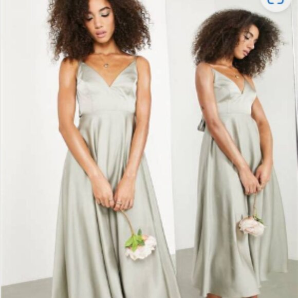 ASOS EDITION satin midi dress with tie back in sage green - Picture 1 of 5